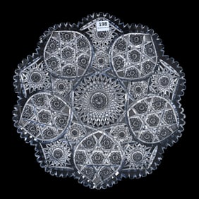 Round Tray, American Brilliant Cut Glass, Hobstar Center With Hobstar Cluster, Strawberry Diamond &
