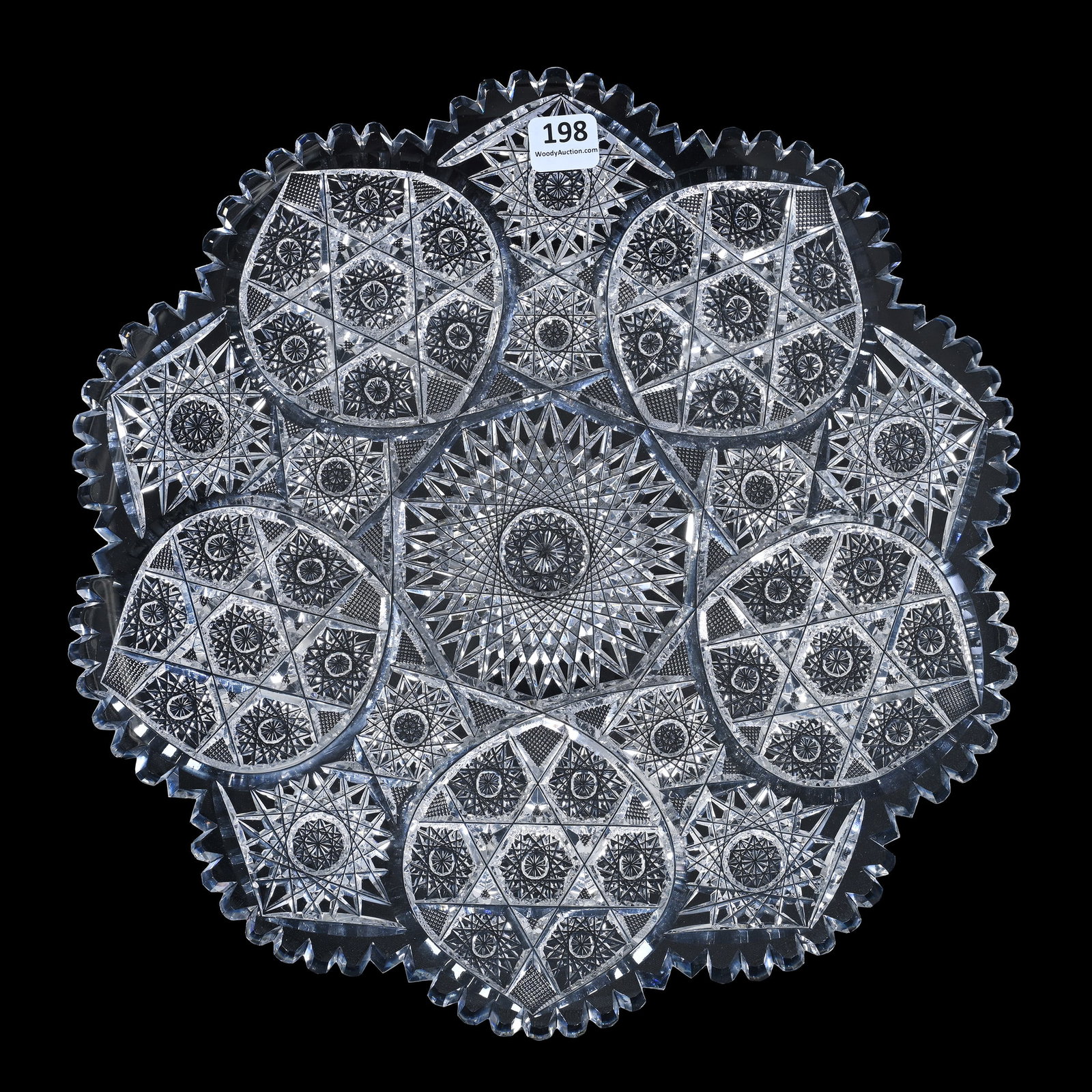 Round Tray, American Brilliant Cut Glass, Hobstar Center With Hobstar Cluster, Strawberry Diamond &: Round Tray, American Brilliant Cut Glass, Hobstar Center With Hobstar Cluster, Strawberry Diamond And Hobstar Motif, 12.25", Estate Of Paul Pellet, Texas.