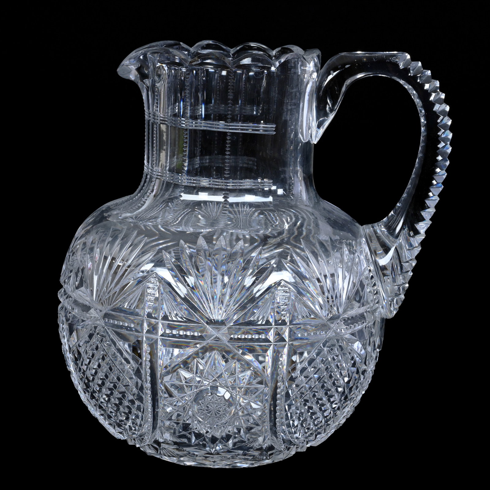 Pitcher, Jug Shape, American Brilliant Cut Glass, Elysian Pattern By Straus: Pitcher, Jug Shape, American Brilliant Cut Glass, Elysian Pattern By Straus, 8.25" x 7", Notched Handle, Hobstar Base, Very Nice Example, Estate Of Paul Pellet, Texas.