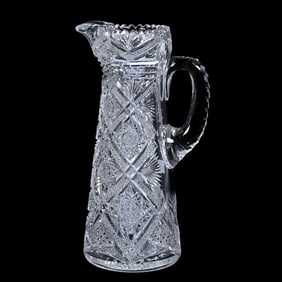 Pitcher, American Brilliant Cut Glass, Wonderfully Cut Square Hobstars Separated By Bars Of Russian