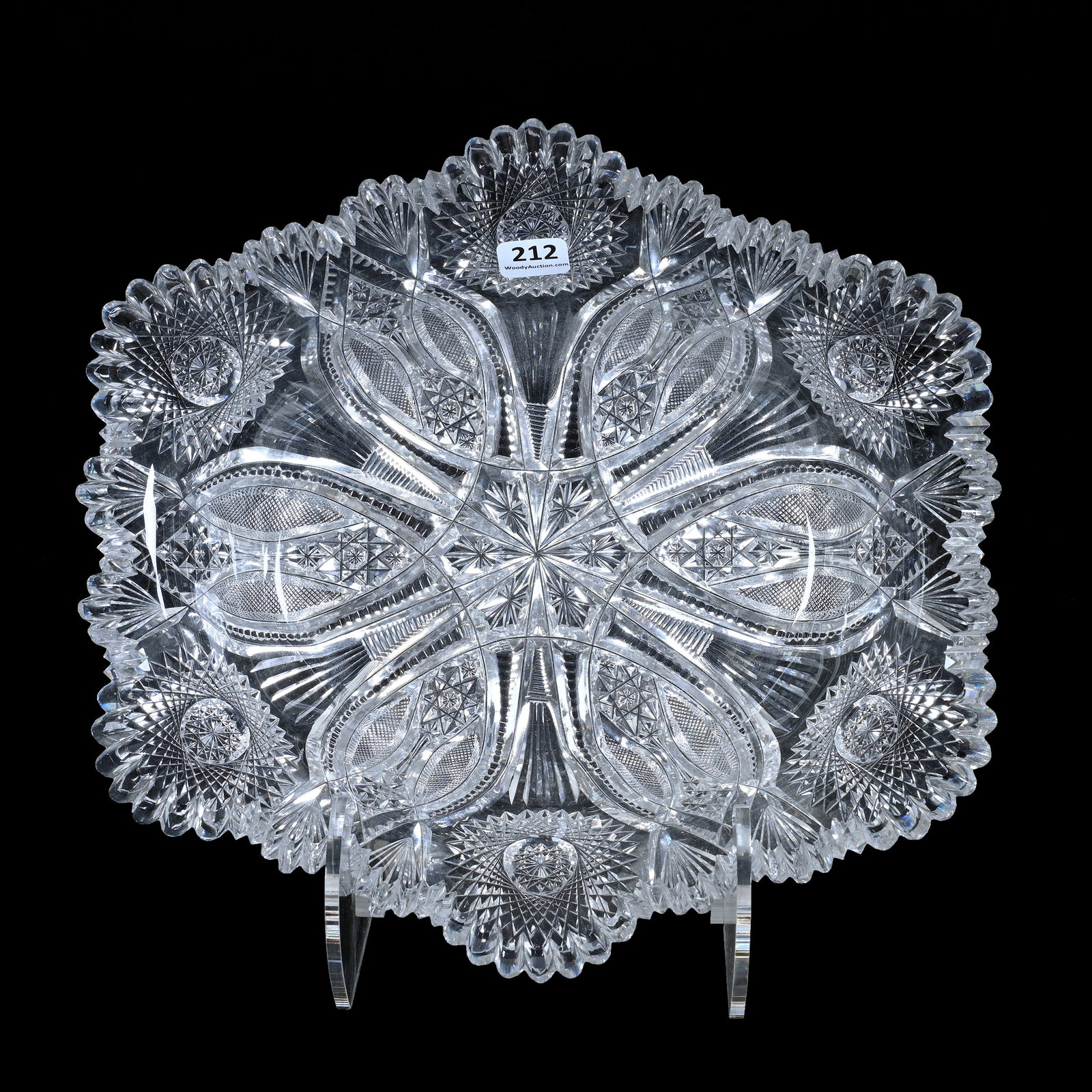 Oval Bowl, American Brilliant Cut Glass, Windsor Pattern By Kelly & Steinman: Oval Bowl, American Brilliant Cut Glass, Windsor Pattern By Kelly & Steinman, 3" x 11.25" x 10.5", Tooth Nick, Estate Of Paul Pellet, Texas.