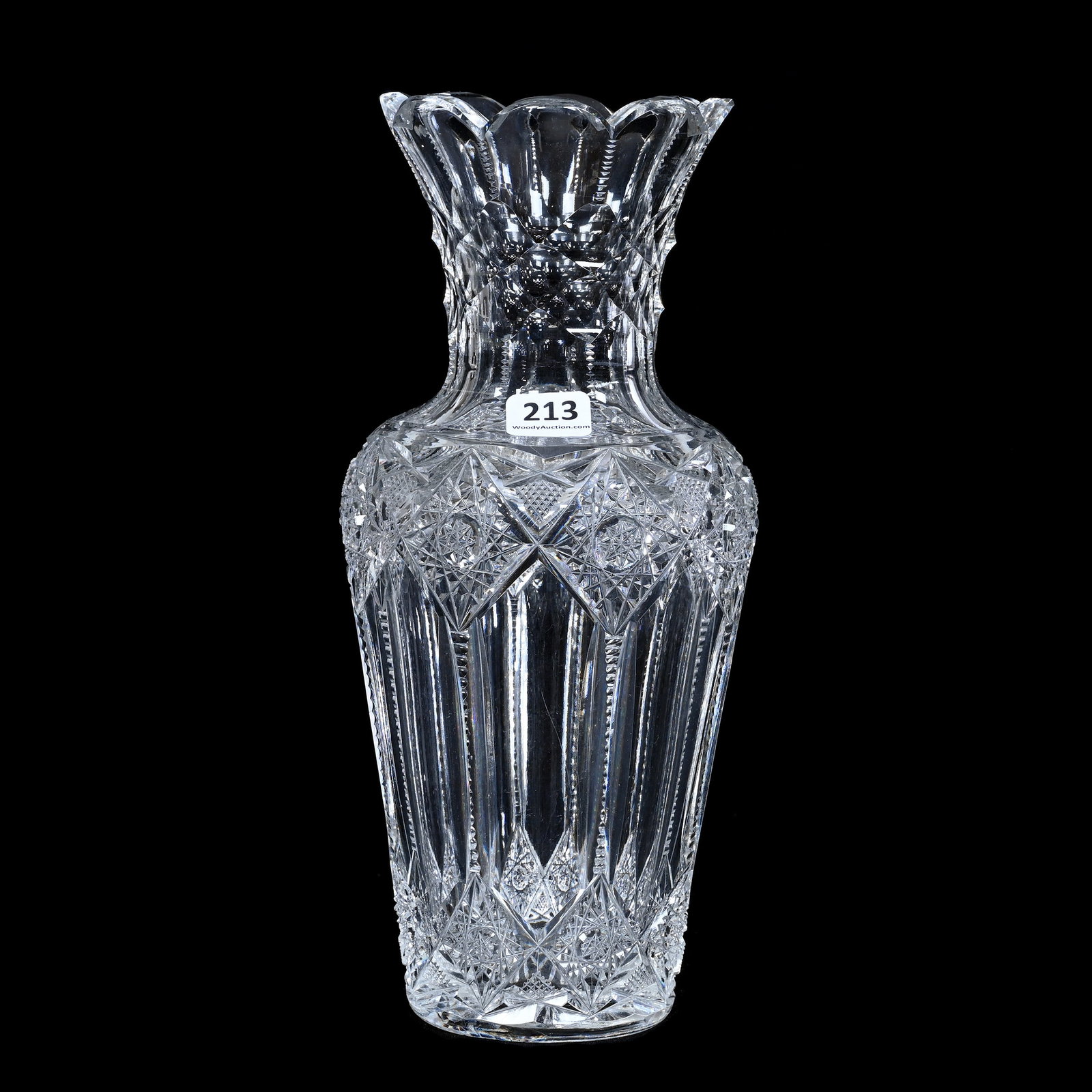 Vase, American Brilliant Cut Glass, Pattern Resembles Westminster By Sinclaire: Vase, American Brilliant Cut Glass, Pattern Resembles Westminster By Sinclaire, 10" x 4.5", Ray Cut Base, Estate Of Paul Pellet, Texas.