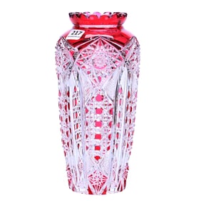 Vase, Brilliant Period Cut Glass, High Shoulder, Cranberry Cut To Clear