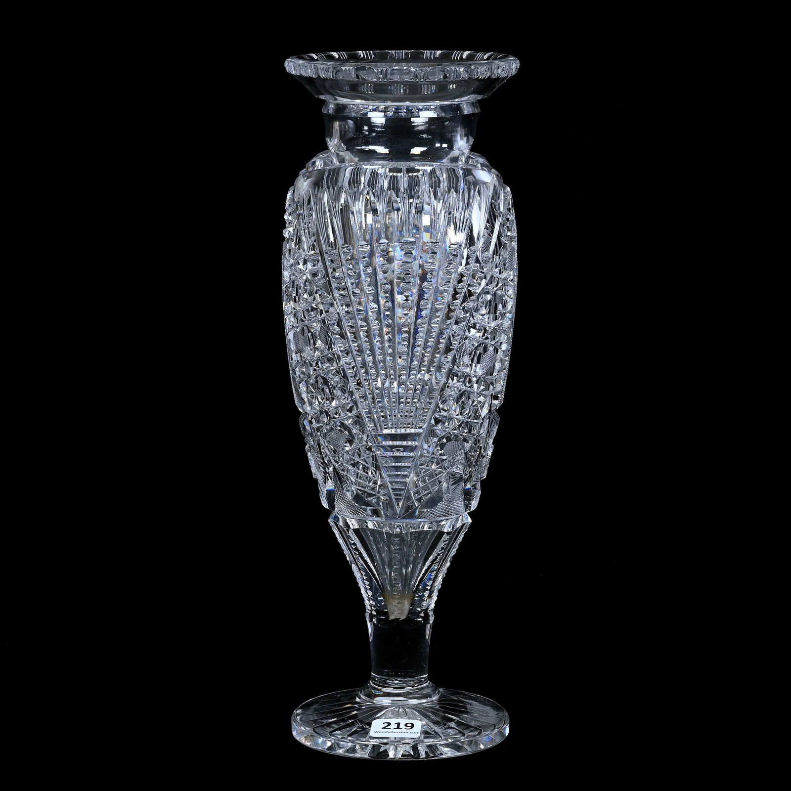 Pedestal Vase, American Brilliant Cut Glass, Prism, Vesica, Cane, Strawberry Diamond & Pinwheel: Pedestal Vase, American Brilliant Cut Glass, Prism, Vesica, Cane, Strawberry Diamond And Pinwheel Motif, 12" x 4", Ray Cut Foot, Estate Of Paul Pellet, Texas.