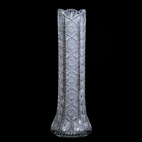 Vase, American Brilliant Cut Glass, Alternating Columns Of Hobstar, Strawberry Diamond, Prism,