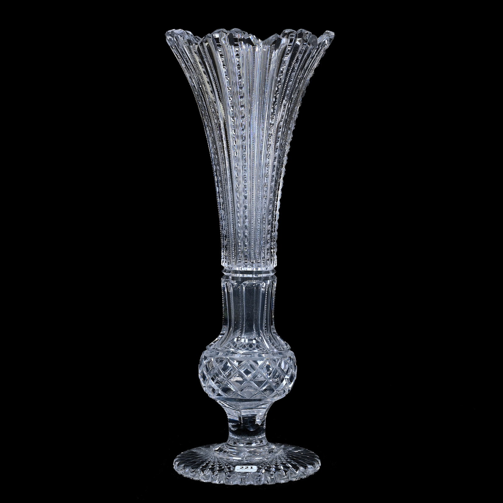 Trumpet Vase, American Brilliant Cut Glass, Prism Cut Body With Bulging Diamond Cut Knob: Trumpet Vase, American Brilliant Cut Glass, Prism Cut Body With Bulging Diamond Cut Knob, 18.25" x 7", Scalloped Hobstar Foot, Attributed to C.F. Monroe, Estate Of Paul Pellet, Texas. UPDATED 5-19-25: