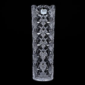 Cylinder Vase, American Brilliant Cut Glass, Signed Hawkes Queens Pattern