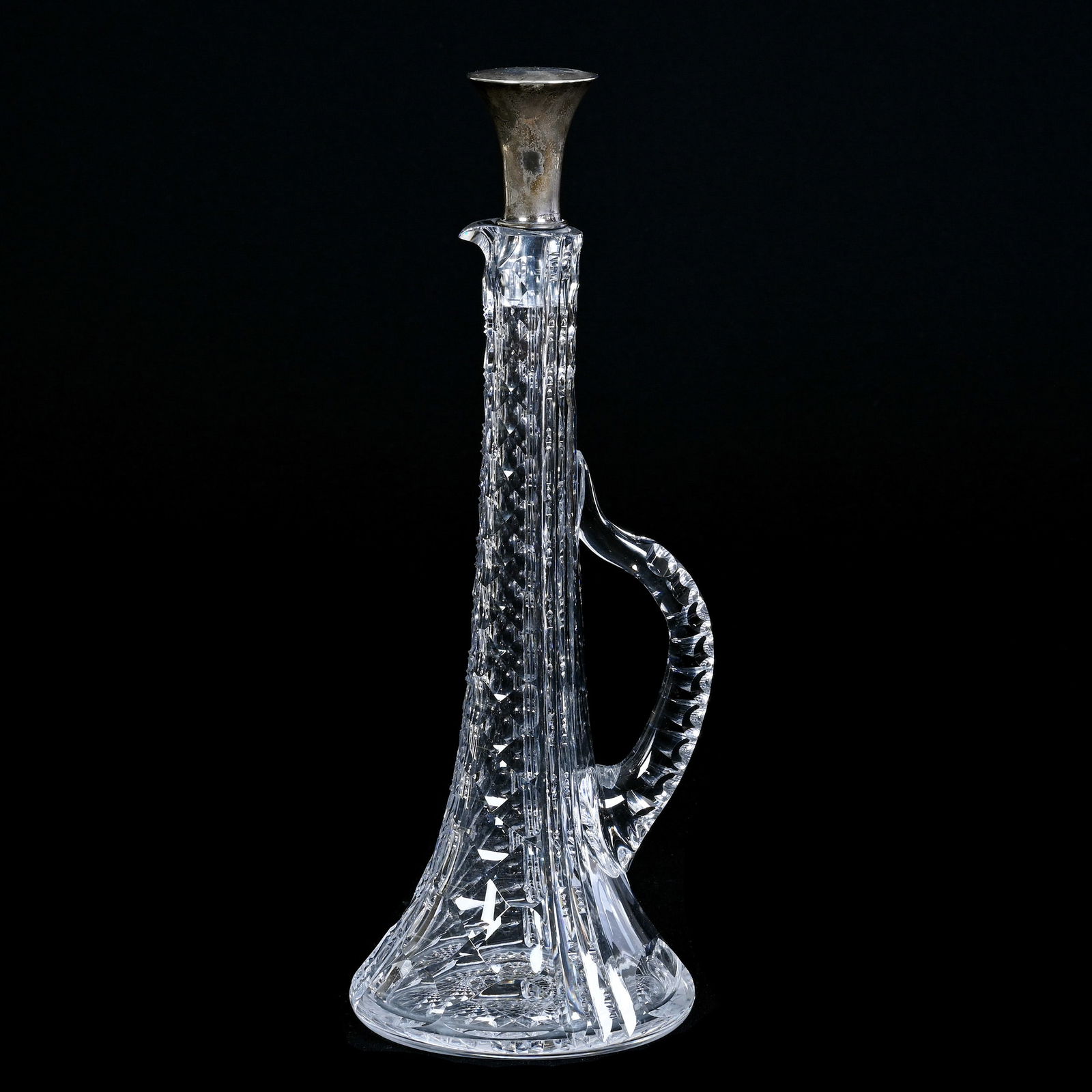 Cordial Decanter, American Brilliant Cut Glass, Corona Pattern By Pairpoint, Rare Thin Neck Form: Cordial Decanter, American Brilliant Cut Glass, Corona Pattern By Pairpoint, Rare Thin Neck Form, 14" x 5", Honeycomb And Prism, Double Notched Handle, Hobstar Base, Sterling Silver Stopper Marked Ree