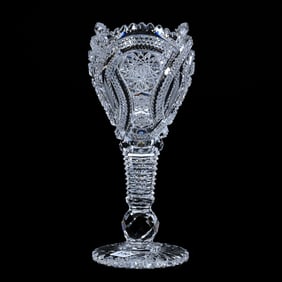 Chalice Vase, American Brilliant Cut Glass, Interlocking Rings Cut With Hobstar, Nailhead Diamond &