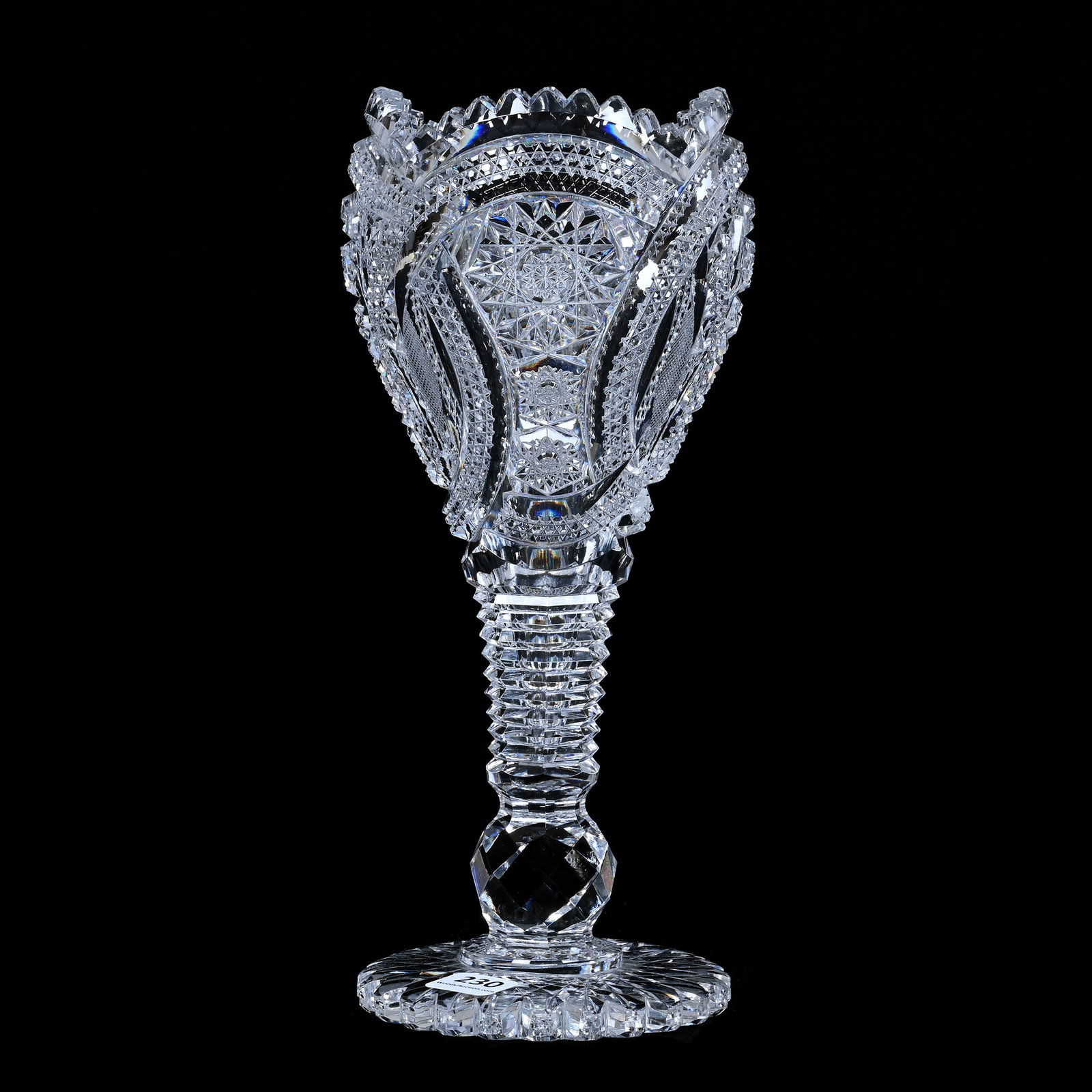 Chalice Vase, American Brilliant Cut Glass, Interlocking Rings Cut With Hobstar, Nailhead Diamond &: Chalice Vase, American Brilliant Cut Glass, Interlocking Rings Cut With Hobstar, Nailhead Diamond And Strawberry Diamond, 10.25" x 4.5", Facet Cut Ball Stem, Scalloped Hobstar Foot, California Private