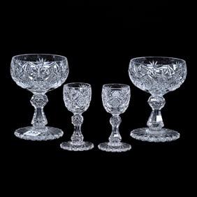 (4) Stems, American Brilliant Cut Glass, Bedford Pattern By Mt. Washington