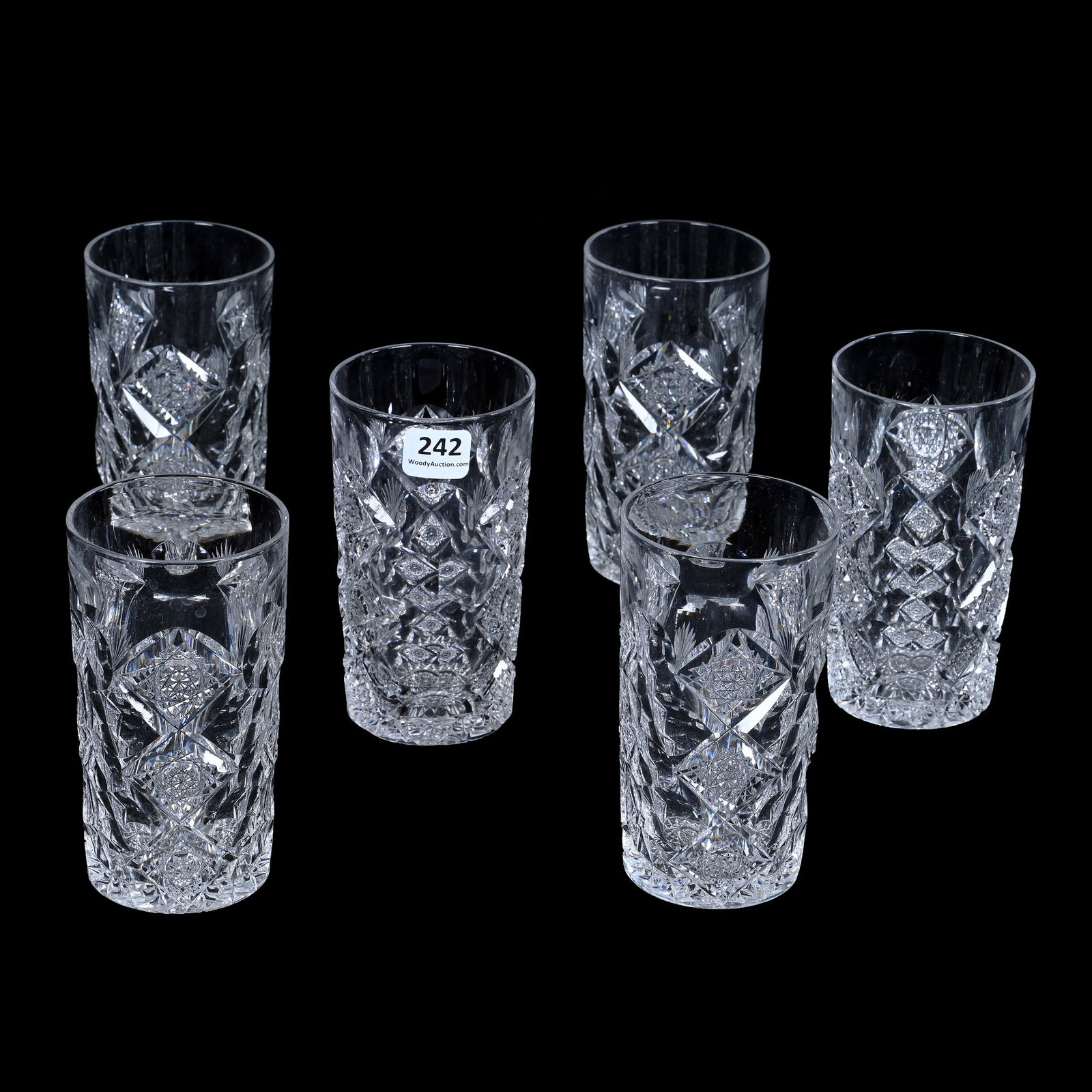 (6) Highball Tumblers, American Brilliant Cut Glass, Signed Hawkes Queens Pattern (1 of 3)