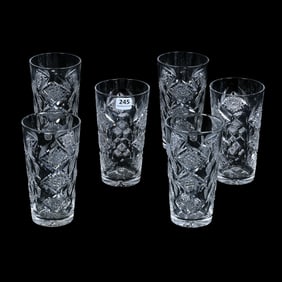 (6) Iced Tea Glasses, American Brilliant Cut Glass, Signed Hawkes Queens Pattern