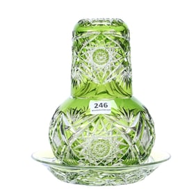 Tumble-Up, Brilliant Period Cut Glass, Three Piece, Green Cut To Clear