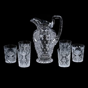 Water Set, American Brilliant Cut Glass, Signed Hawkes Queens Pattern