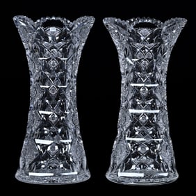 Pair Vases, American Brilliant Cut Glass, Signed Hawkes Queens Pattern