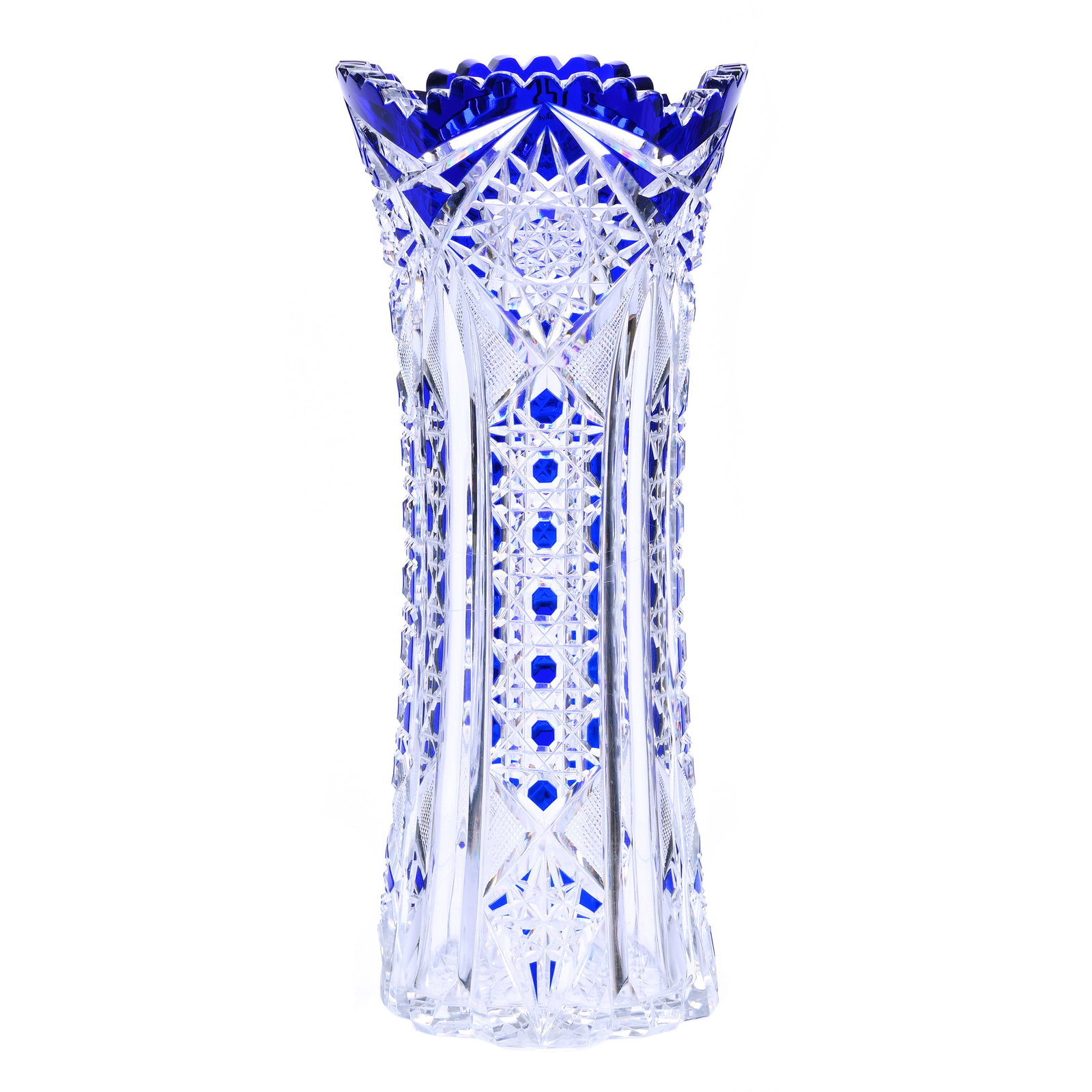 Vase, Brilliant Period Cut Glass, Cobalt Blue Cut To Clear: Vase, Brilliant Period Cut Glass, Cobalt Blue Cut To Clear, 12" x 5", HF405 Pattern By Val St. Lambert, Circa 1908, Hobstar Base, Private Collection.
