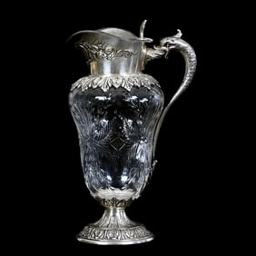 Syrup Pitcher, American Brilliant Cut Glass, Nicely Engraved Diamond And Leaf Mold