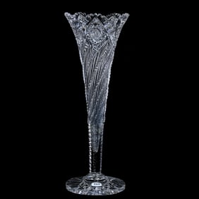 Trumpet Vase, American Brilliant Cut Glass, Signed Hawkes Comet Pattern