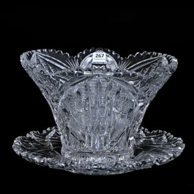 Salad Bowl & Underplate, American Brilliant Cut Glass, Signed Libbey Corona Pattern