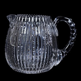 Cider Pitcher, American Brilliant Cut Glass, Barrel Shape Prism Cut Body