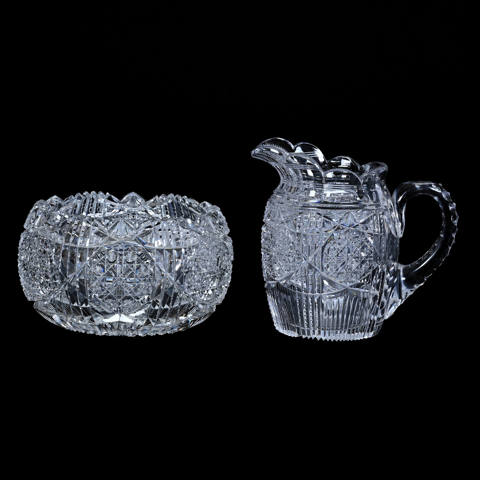 Creamer & Sugar, Plantation Size, American Brilliant Cut Glass: Creamer And Sugar, Plantation Size, American Brilliant Cut Glass, 5.25" x 5.75", Well Cut Sections Of Prism Alternating With Cluster Of Buttons And Fan Highlights, Triple Notched Handle, Nice Set, Est