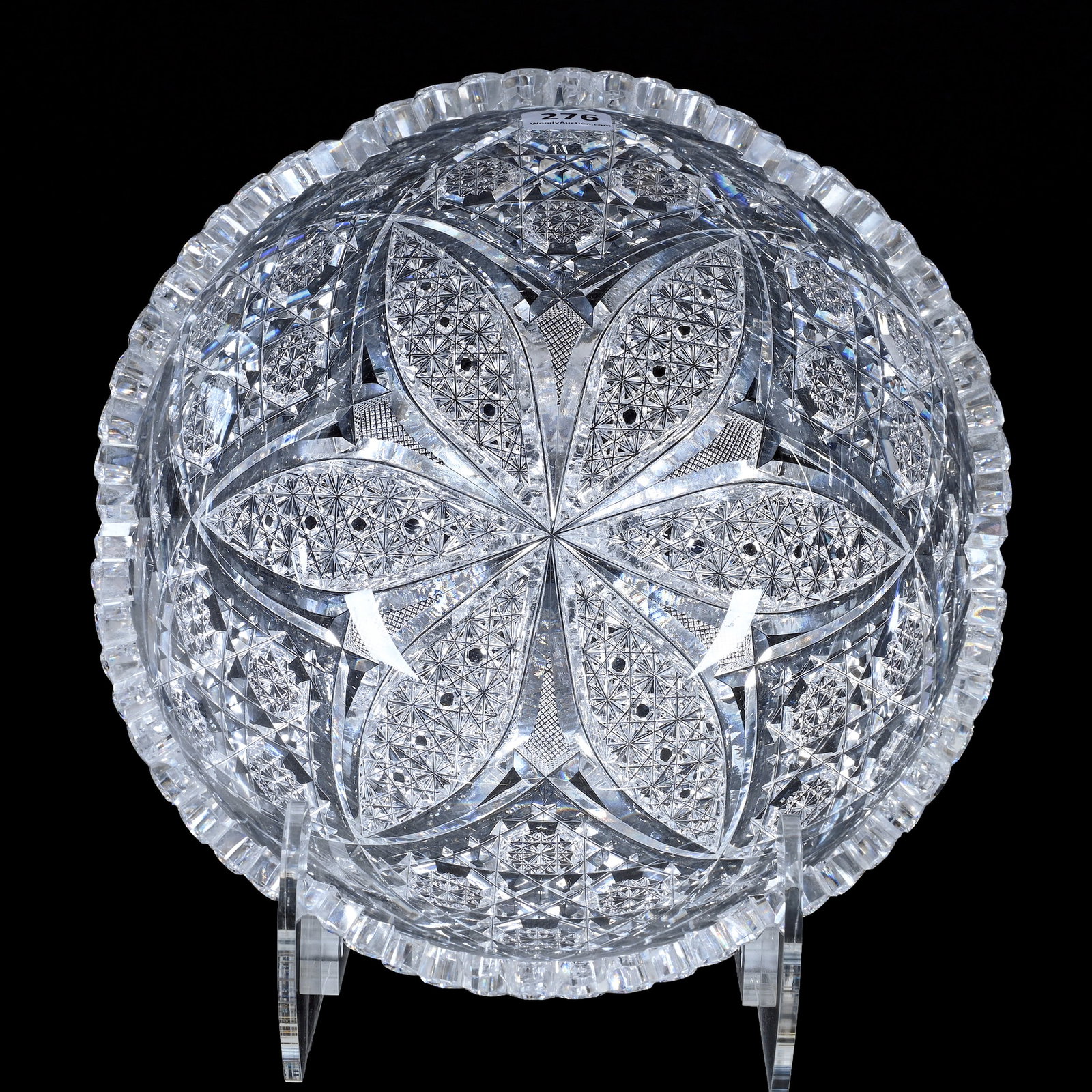 Bowl, American Brilliant Cut Glass, Six Sections Of Hobstar Cluster, Vesica, Russian And Fan Motif: Bowl, American Brilliant Cut Glass, Six Sections Of Hobstar Cluster, Vesica, Russian And Fan Motif, 4.25" x 9", Estate Of Paul Pellet, Texas.