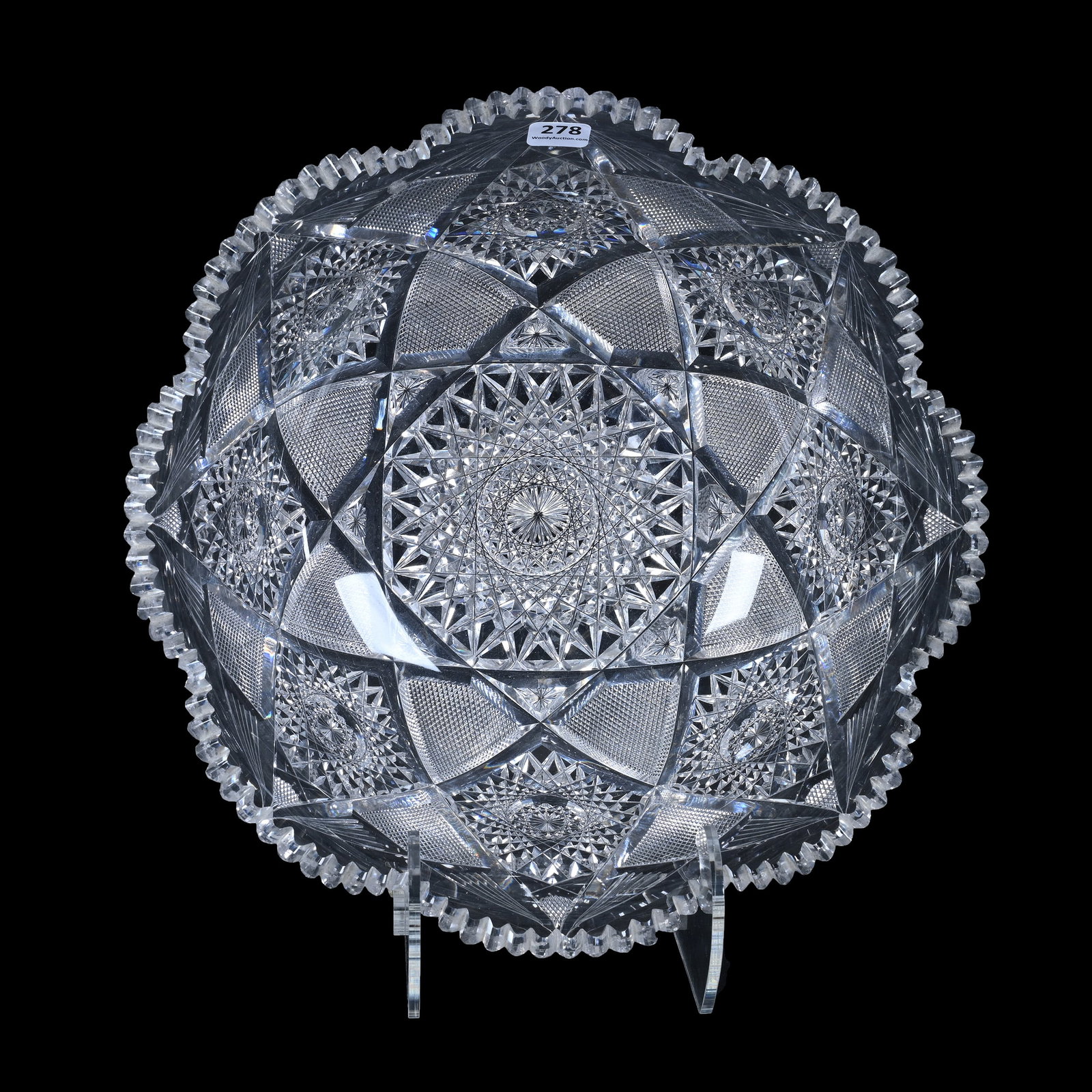 Bowl, American Brilliant Cut Glass, Hobstar, Strawberry Diamond And Fan Motif: Bowl, American Brilliant Cut Glass, Hobstar, Strawberry Diamond And Fan Motif, 4.75" x 12.25, Estate Of Paul Pellet, Texas.