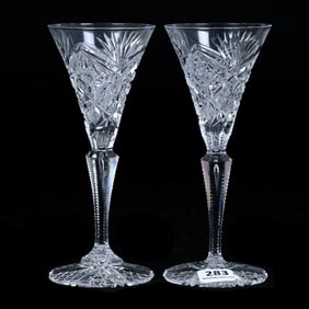 Pair Sherry Stems, American Brilliant Cut Glass, Hobstar, Cane, Strawberry Diamond And Fan Motif