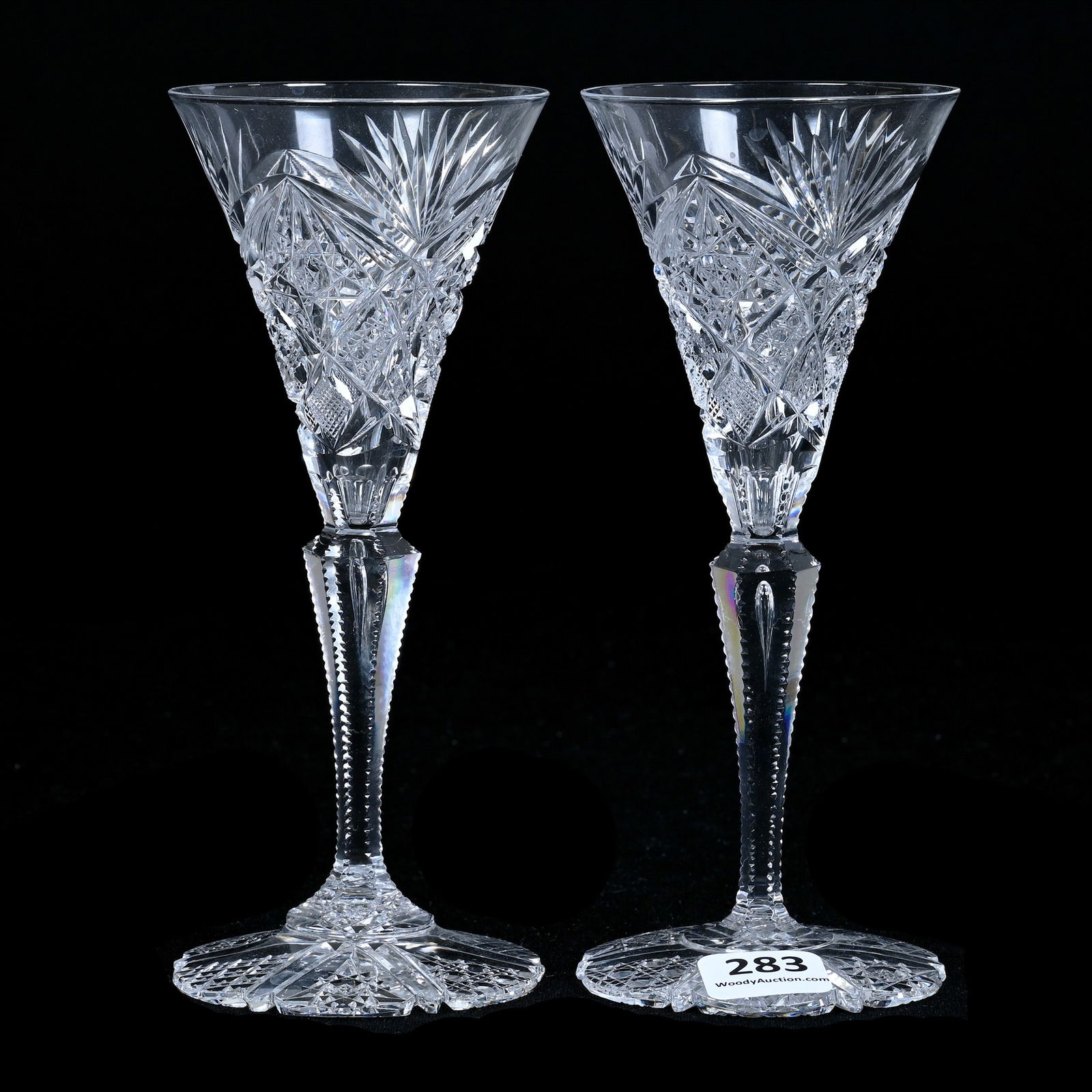 Pair Sherry Stems, American Brilliant Cut Glass, Hobstar, Cane, Strawberry Diamond And Fan Motif (1 of 3)