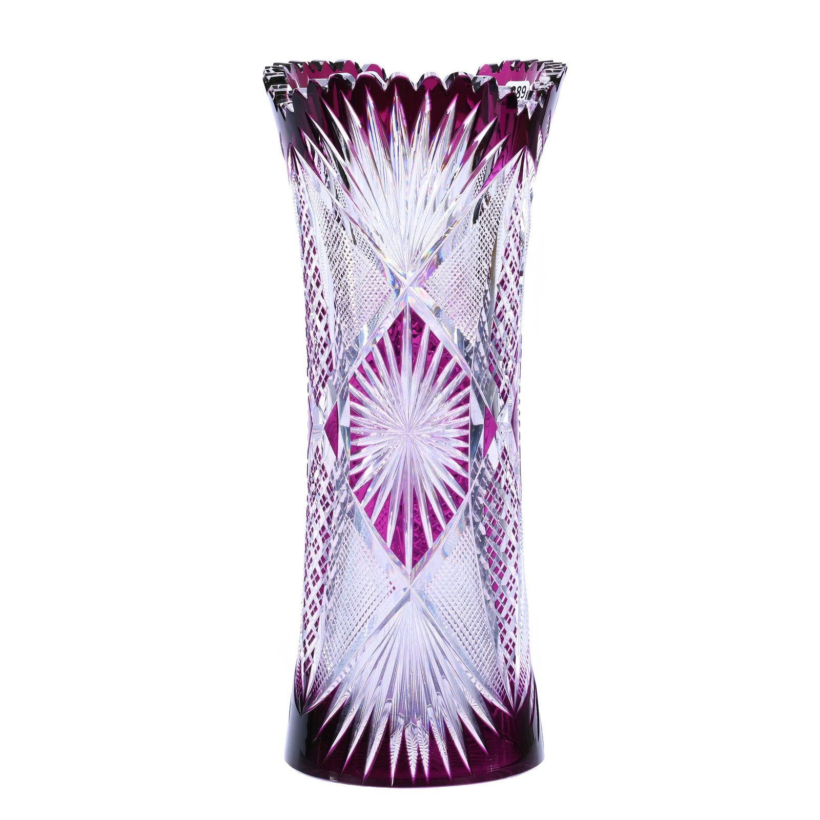 Vase, Brilliant Period Cut Glass, Amethyst Cut To Clear: Vase, Brilliant Period Cut Glass, Amethyst Cut To Clear, 13.75" x 6", Methuen Pattern By Val St. Lambert, Circa 1900, Ray Cut Base, Very Nice Quality, Private Collection.