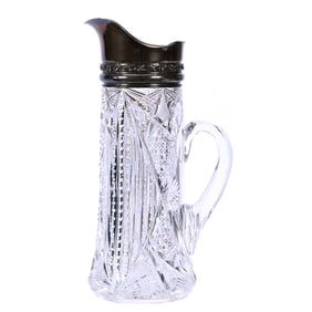 Pitcher, American Brilliant Cut Glass, Prism, Cane, Strawberry Diamond & Fan Motif