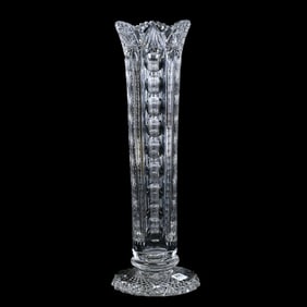 Pedestal Vase, American Brilliant Cut Glass, Alternating Columns Of Hobstar, Prism, Bullseye And Fan