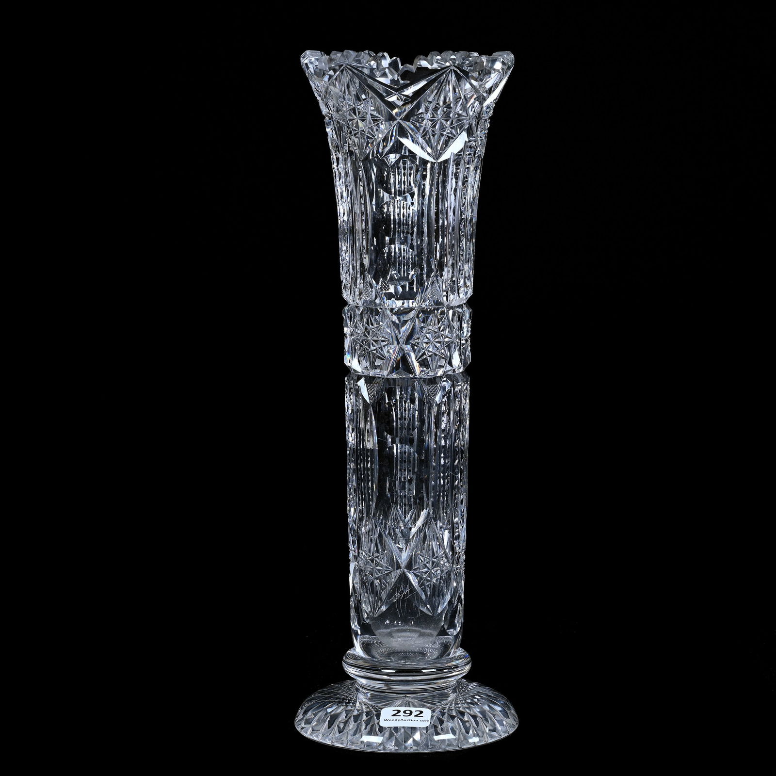 Pedestal Vase, American Brilliant Cut Glass, Hobstar Chains With Alternating Columns Of Prism &: Pedestal Vase, American Brilliant Cut Glass, Hobstar Chains With Alternating Columns Of Prism And Bullseye Motif, 12" x 4", Hobstar Foot, Estate Of Paul Pellet, Texas.