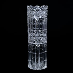 Cylinder Vase, American Brilliant Cut Glass, Hobstar Chains With Panels, Prism And Miter Highlights