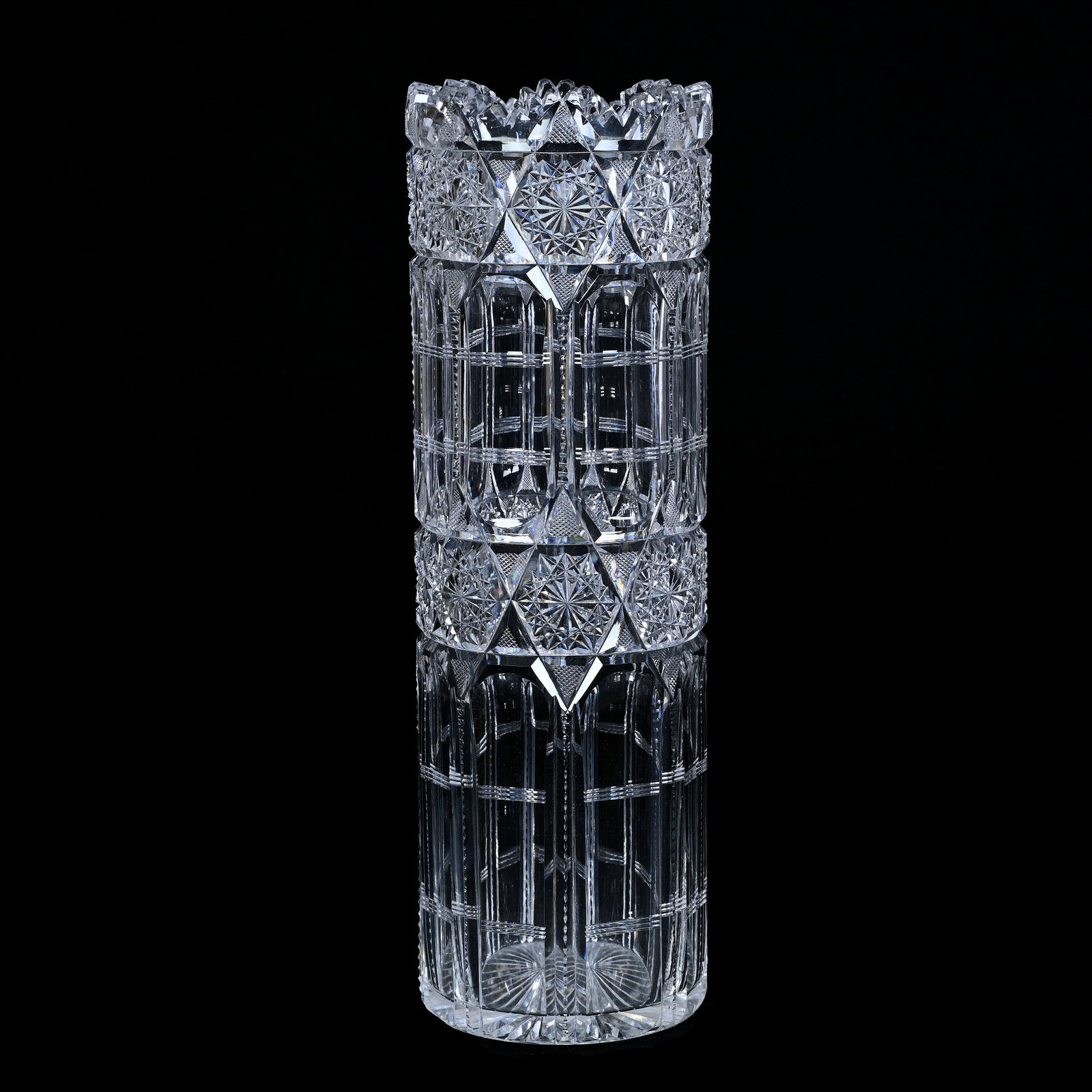 Cylinder Vase, American Brilliant Cut Glass, Hobstar Chains With Panels, Prism And Miter Highlights: Cylinder Vase, American Brilliant Cut Glass, Hobstar Chains With Panels, Prism And Miter Highlights, 16.5" x 5.25", Ray Cut Base, Clear Blank, Estate Of Paul Pellet, Texas.
