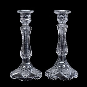 Pair Candlesticks, American Brilliant Cut Glass, Unmarked, Hollow Form, Prism Cut Body