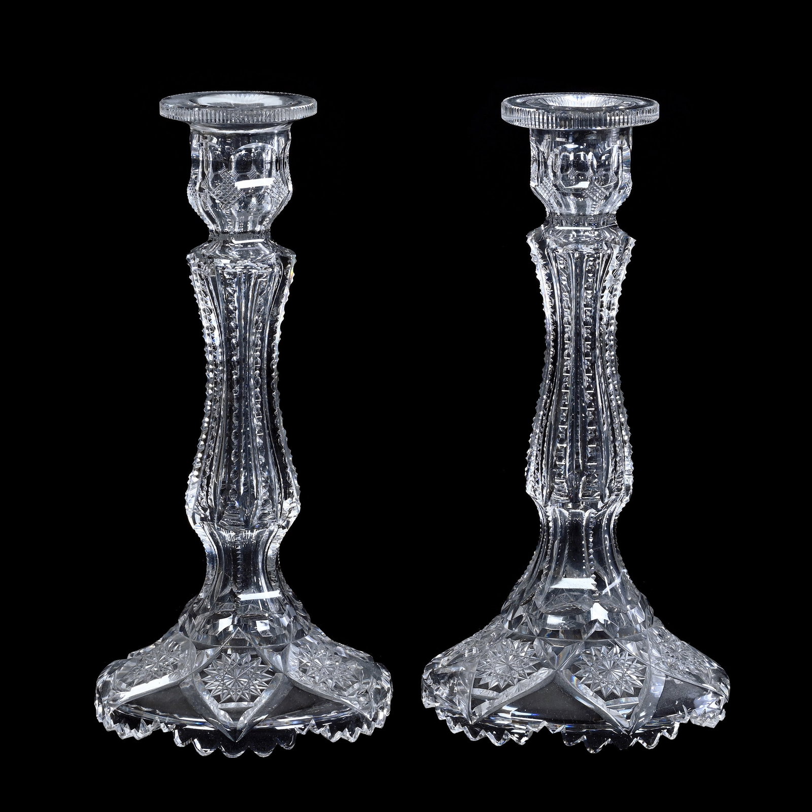 Pair Candlesticks, Empress Pattern, Libbey, American Brilliant Cut Glass: Pair Candlesticks, Empress Pattern, Libbey, American Brilliant Cut Glass, Unmarked, Hollow Form, Prism Cut Body, 9.5" x 4.5", Hobstar And Strawberry Diamond Highlights, Quality Blank, Estate Of Paul P