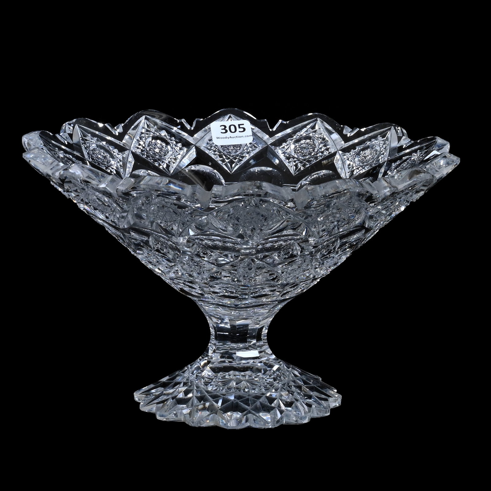 Tazza, American Brilliant Cut Glass, Signed Hawkes Kings Pattern: Tazza, American Brilliant Cut Glass, Signed Hawkes Kings Pattern, 5.5" x 9", Scalloped Hobstar Foot, Quality Blank, Estate Of Paul Pellet, Texas.
