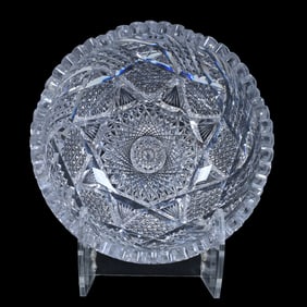 Bowl, American Brilliant Cut Glass, Hobstar Center With Swirled Prism, Vesica, Hobstar, Strawberry