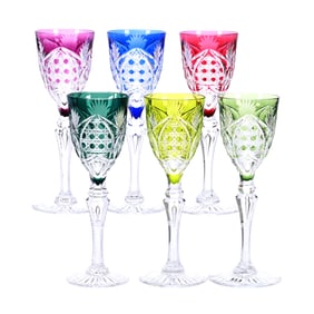 (6) Wine Stems, Brilliant Period Cut Glass, All Signed Val St. Lambert, Color Cut To Clear