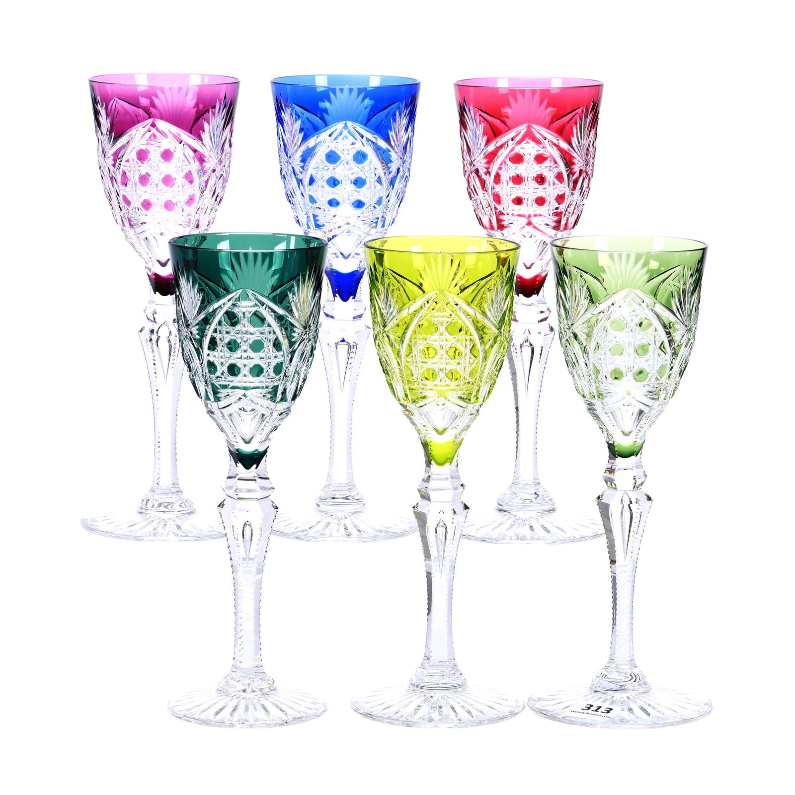 (6) Wine Stems, Brilliant Period Cut Glass, All Signed Val St. Lambert, Color Cut To Clear: (6) Wine Stems, Brilliant Period Cut Glass, All Signed Val St. Lambert, Color Cut To Clear, 8.5" x 2.75", Richepin Pattern, Circa 1920, Teardrop Stem, Ray Cut Foot, Colors Include Emerald Green, Blue,