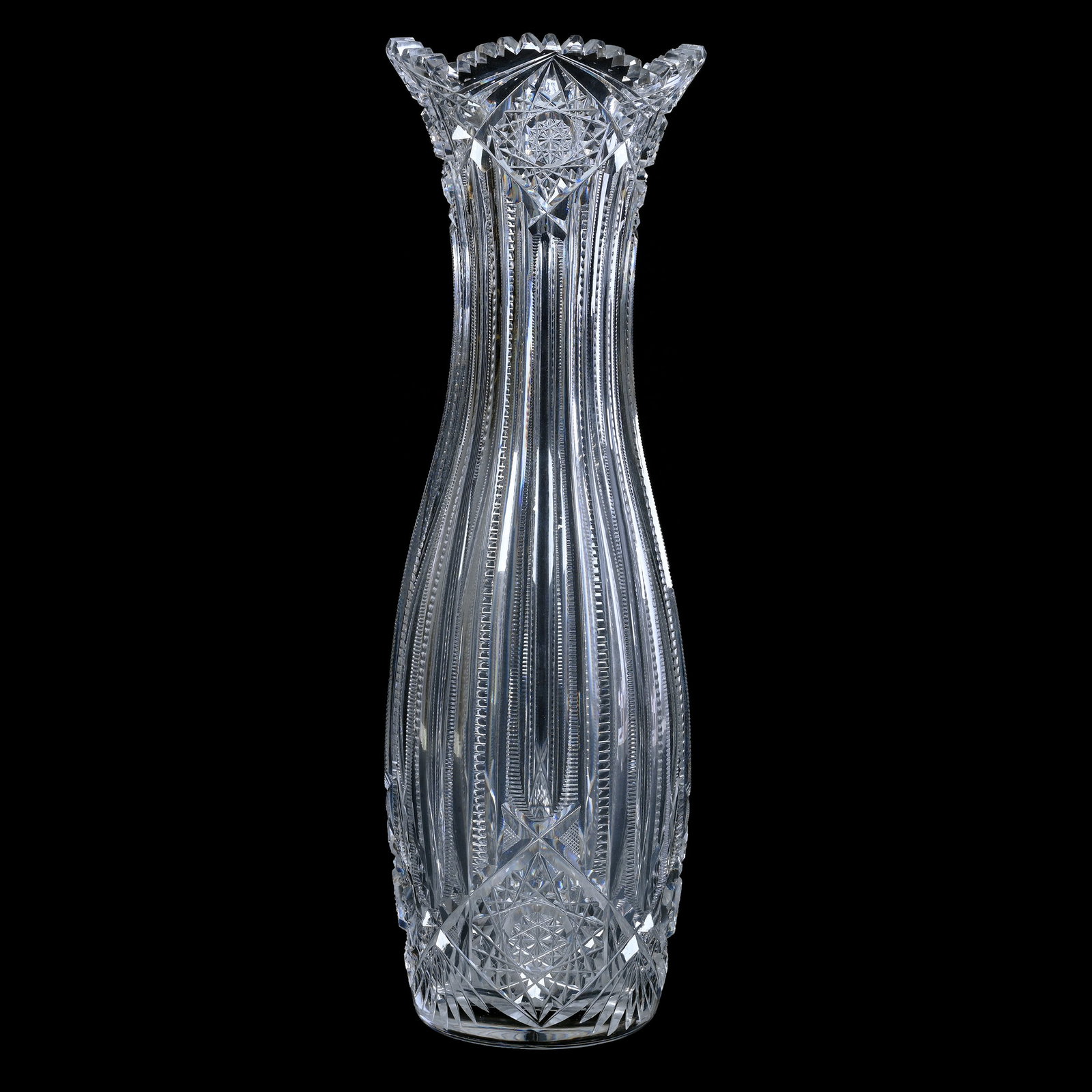 Vase, American Brilliant Cut Glass, Hindoo Pattern By J. Hoare: Vase, American Brilliant Cut Glass, Hindoo Pattern By J. Hoare, 20" x 6", Ray Cut Base, Extra Heavy Blank With Total Weight Of Over 14 Pounds, Estate Of Paul Pellet, Texas.