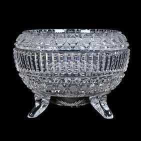 Bowl, Three Feet, American Brilliant Cut Glass, Signed Hawkes Constance Pattern