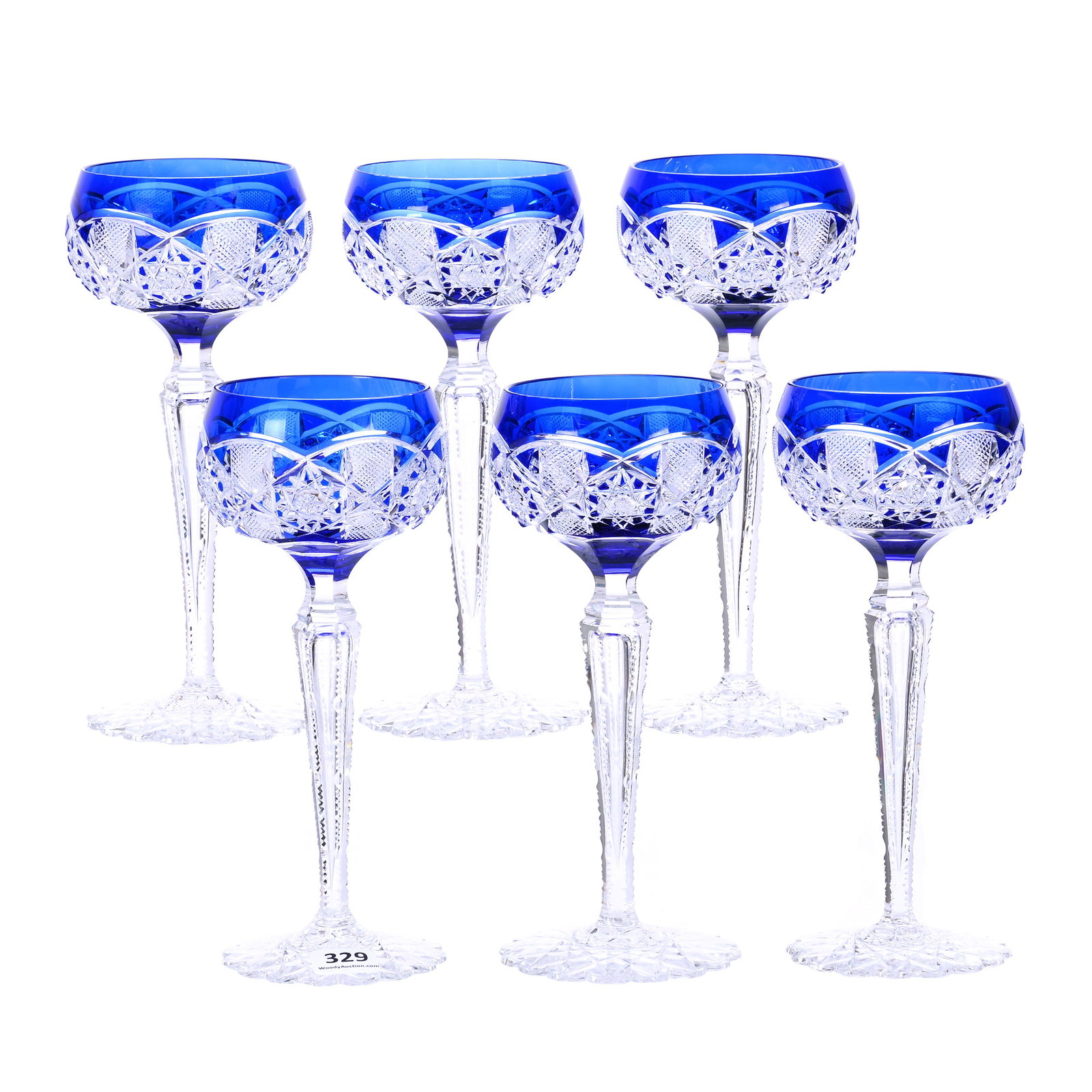 (6) Wine Stems, Brilliant Period Cut Glass, Cobalt Blue Cut To Clear: (6) Wine Stems, Brilliant Period Cut Glass, Cobalt Blue Cut To Clear, 7.75" x 3.25", Saarbrucken Pattern By Val St. Lambert, Circa 1905, Scalloped Hobstar Foot, Private Collection.