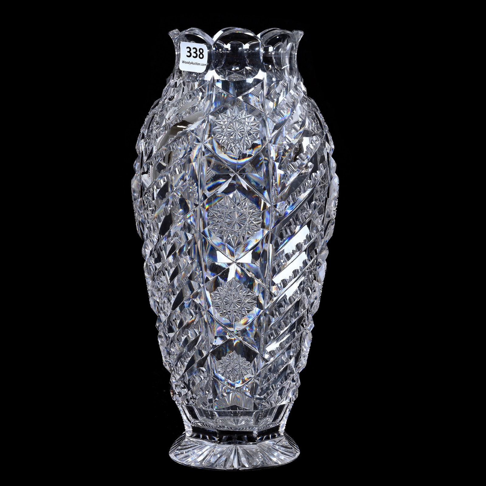 Vase, American Brilliant Cut Glass, Alternating Columns Of Hobstar And Slanted Prism Motif: Vase, American Brilliant Cut Glass, Alternating Columns Of Hobstar And Slanted Prism Motif, 10.5" x 4.75", Deeply Cut, Heavy Blank, Ray Cut Foot, Exact Pattern Match To Lot #131, California Private Co