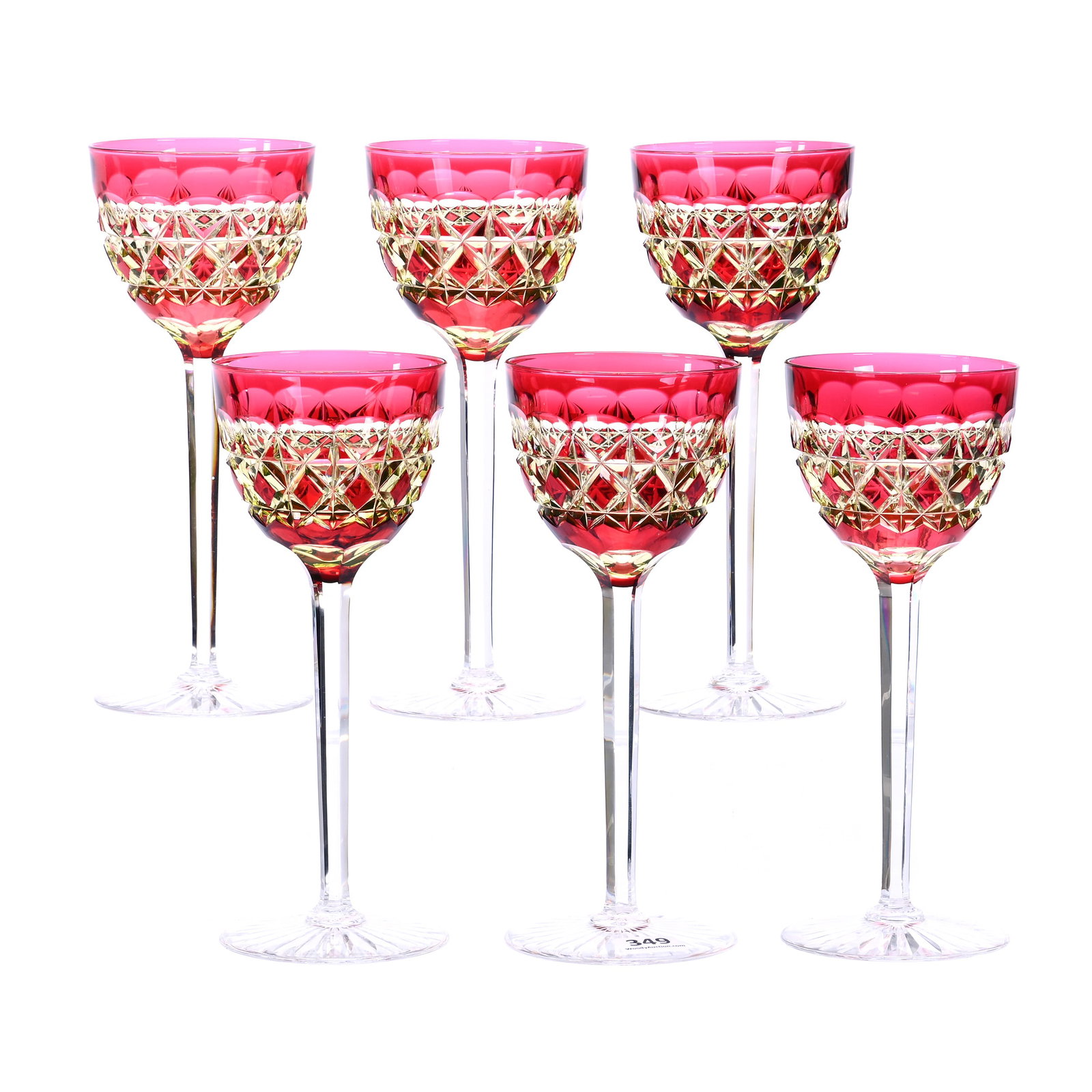 (6) Wine Stems, Brilliant Period Cut Glass, Cranberry Cut To Vaseline: (6) Wine Stems, Brilliant Period Cut Glass, Cranberry Cut To Vaseline, 7.5" x 3", Waldenburg Pattern By Val St. Lambert, Circa 1925, Clear Stem, Ray Cut Foot, Highly Reactive Under Black Light, Privat