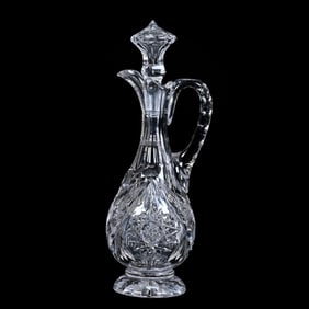 Pedestal Cruet Bottle, American Brilliant Cut Glass, Hobstar, Vesica, Strawberry Diamond & Fan Motif