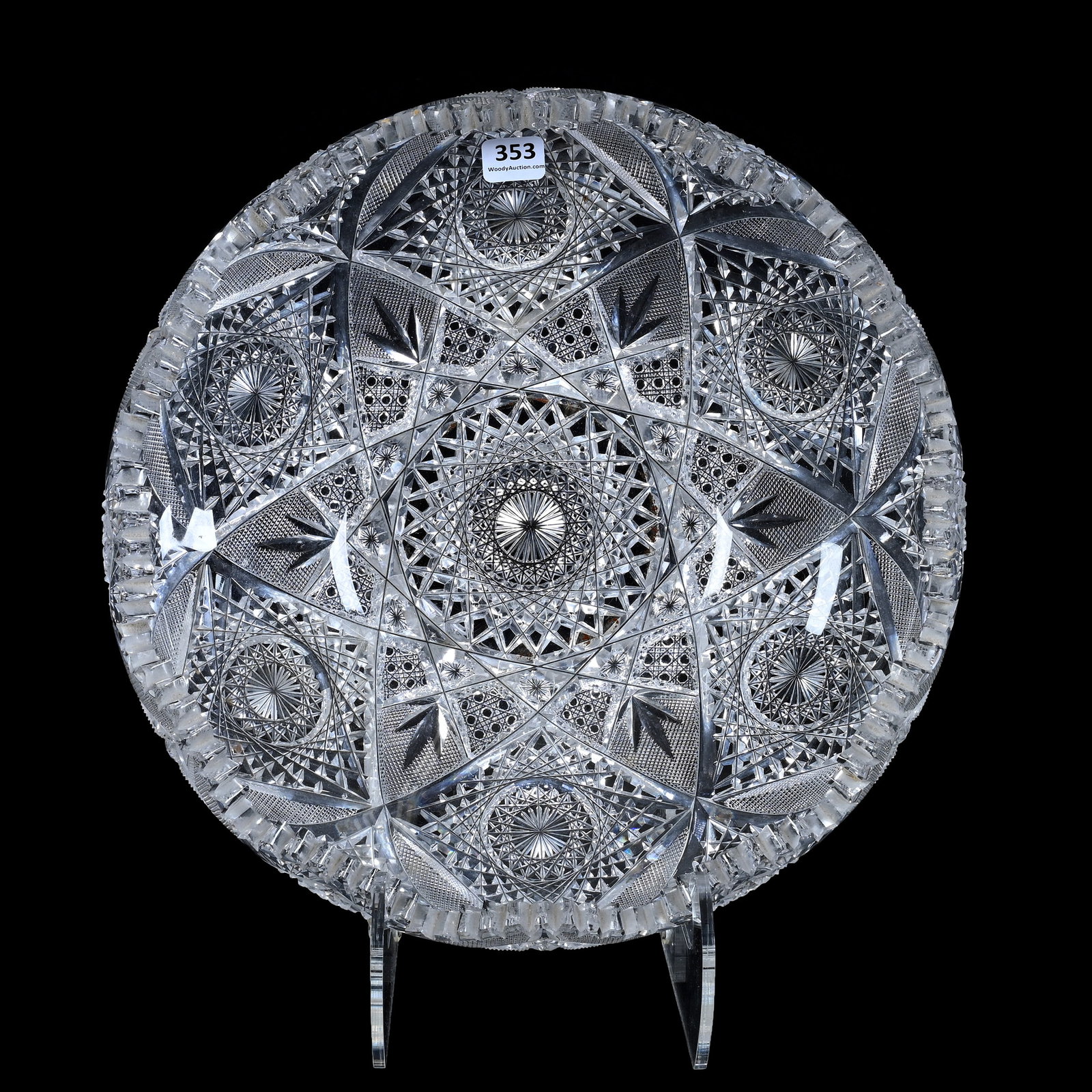 Bowl, Rolled Rim, American Brilliant Cut Glass, Pattern #100 By Elmira: Bowl, Rolled Rim, American Brilliant Cut Glass, Pattern #100 By Elmira, 4" x 12", One Slanted Tooth Chip, Estate Of Paul Pellet, Texas.