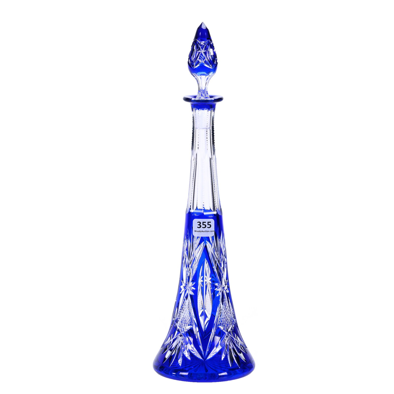 Decanter, Brilliant Period Cut Glass, Cobalt Blue Cut To Clear: Decanter, Brilliant Period Cut Glass, Cobalt Blue Cut To Clear, 14" x 4.25", Pattern #3247/17 By Val St. Lambert, Circa 1908, Eiffel Shape, Number Matched Stopper, Ray Cut Base, Private Collection.